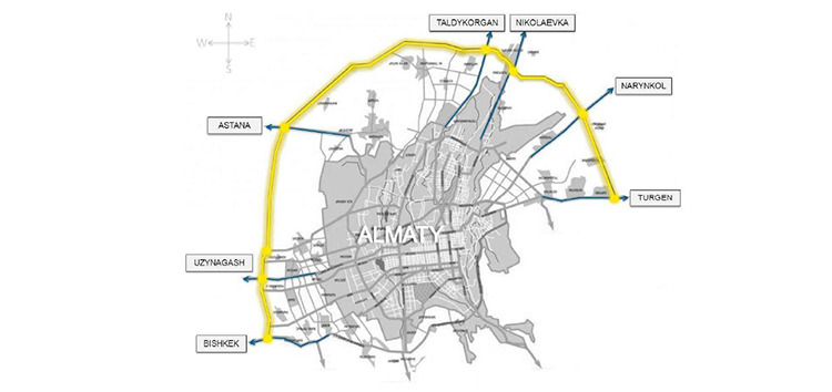 This map shows the circular road that will be built around Almaty